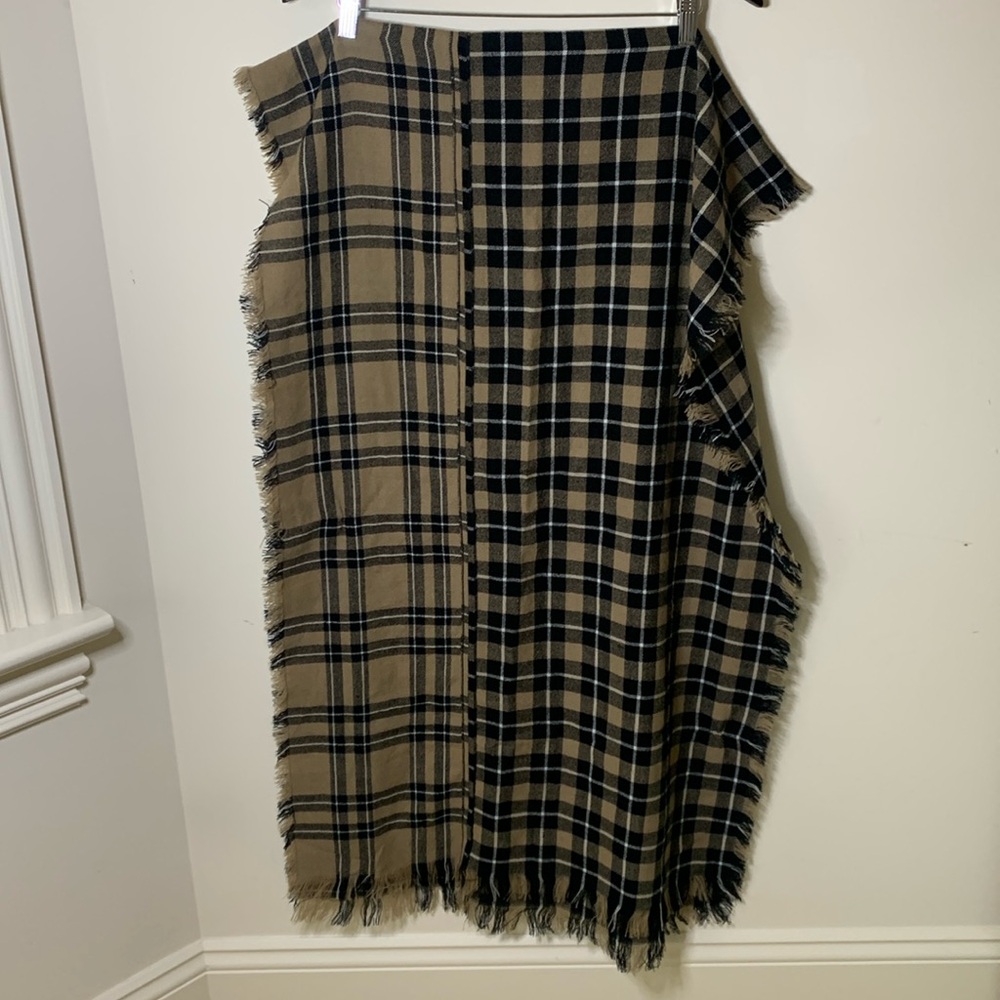 Black tan, white fringe, blanket scarf cozy warm fall winter wrap 80”